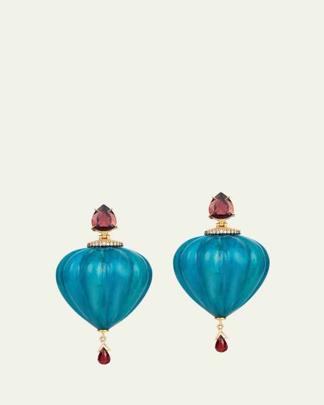 Turquoise Lacquer Marquetry Drop Earrings with Diamonds and Garnets